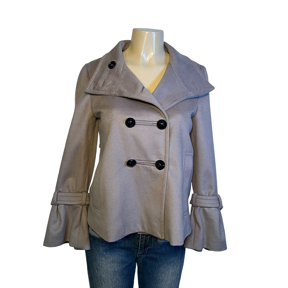Zara Woman Double Breasted Wool Pea Coat Short Jacket Size S Taupe Bell Sleeve